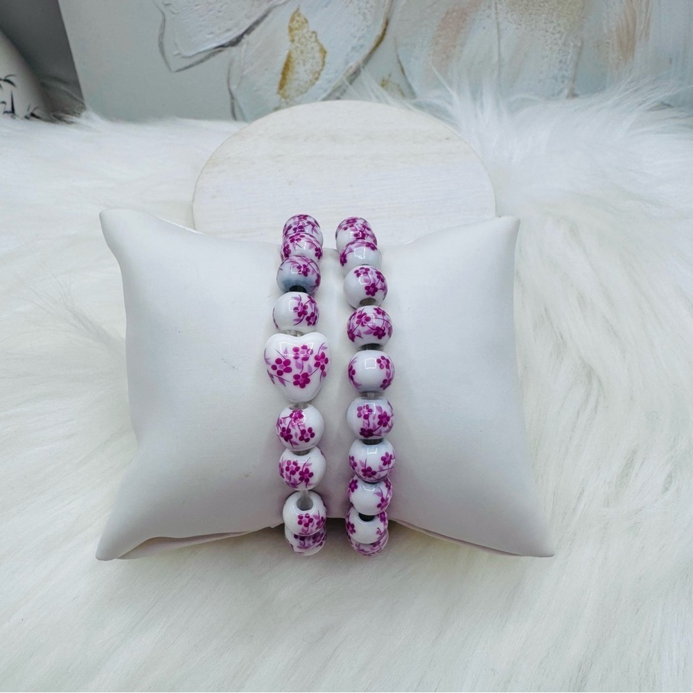 Chinese-Style Ceramic Floral Beaded Stretch Bracelet Pink floral Duo with Heart